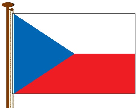 Česká vlajka tak jak ji známe dnes. Už 100 let se nemění. Modrý klín sahá vždy do poloviny délky listu. 