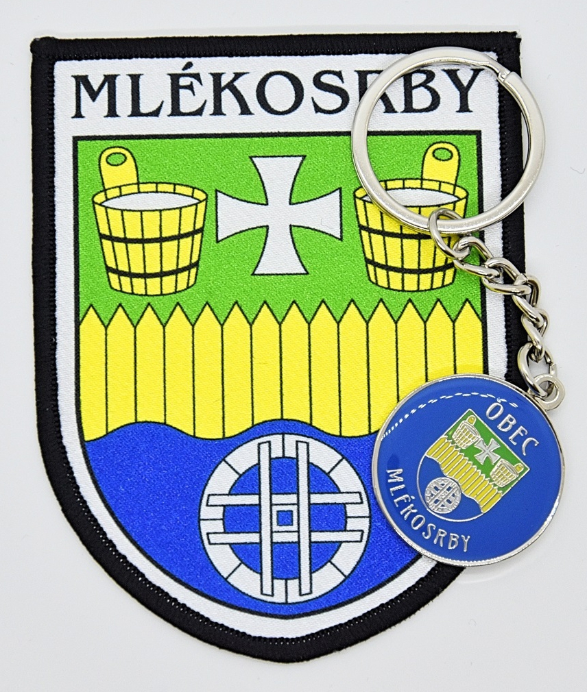 Tištěná saténová nášivka a klíčenka se znakem a názvem obce Mlékosrb.