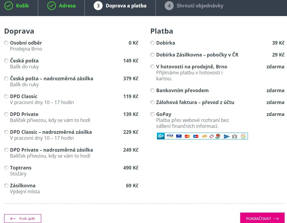 Platba a doručení zásilky, e-shop ALERION