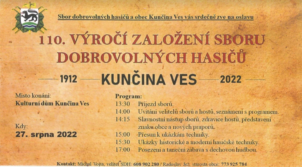Pozvánka na oslavy výročí v obci Kunčina Ves.
