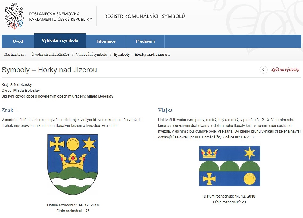 Znak a vlajka obce Horky nad Jizerou zapsány v systému REKOS.