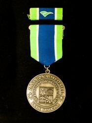 Záslužná medaile na závěsné stuze s klopovou stužkou.